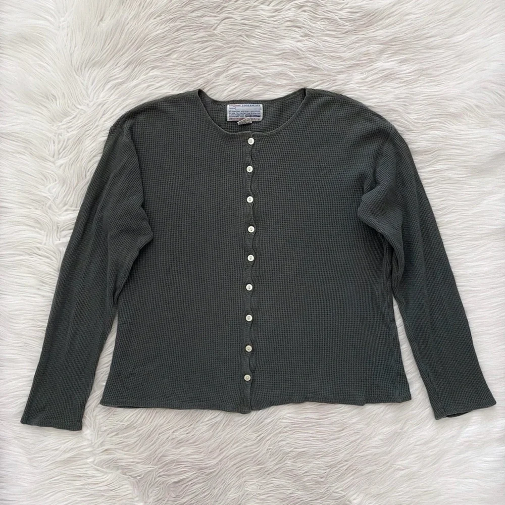 Vintage Abercrombie Y2K 90s Sage Green Button Front Thermal Waffle Knit Shirt - Picture 1 of 11